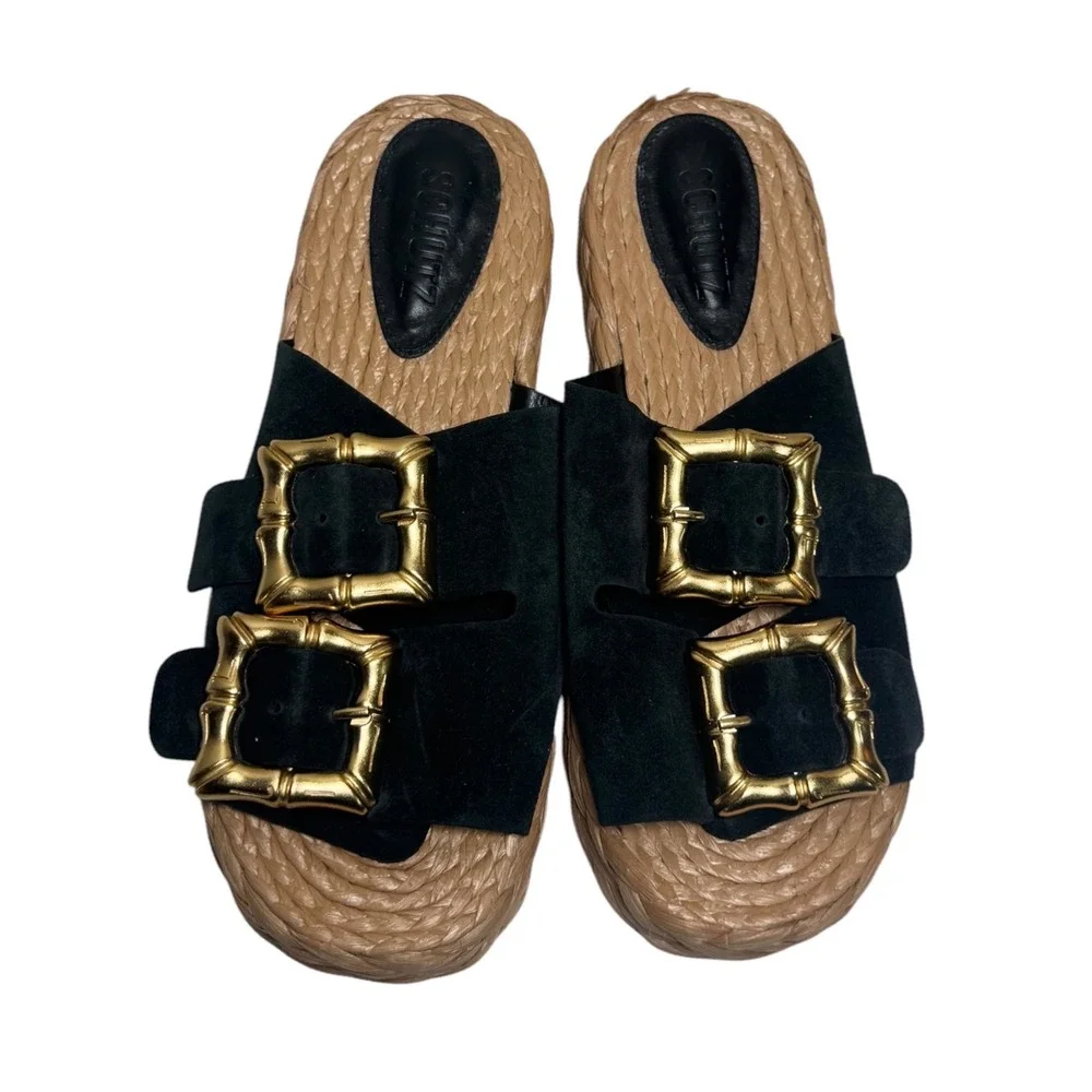 Schutz Enola Rope Platform Sandal Black Suede Gold Bamboo Buckle Womens 7.5B